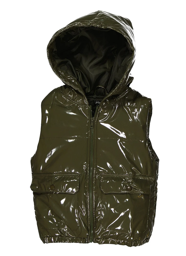 Girls Faux Patent Leather Hooded Puffer Vest,