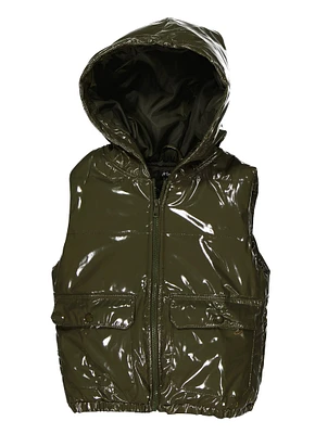 Girls Faux Patent Leather Hooded Puffer Vest,