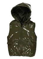 Girls Faux Patent Leather Hooded Puffer Vest,