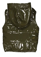 Girls Faux Patent Leather Hooded Puffer Vest,