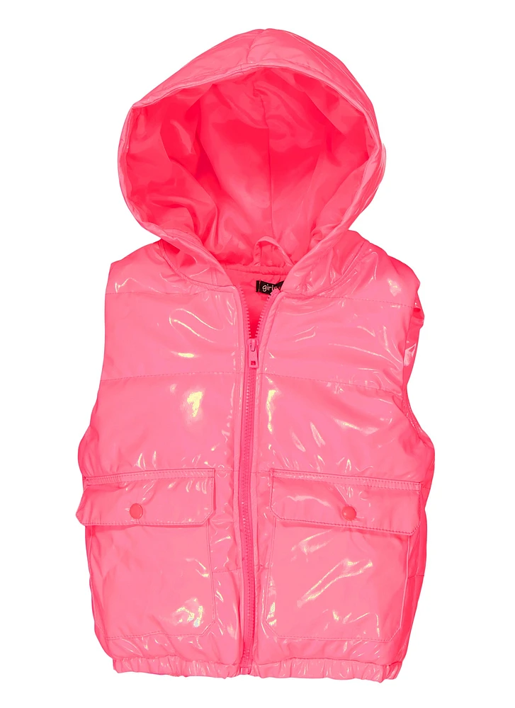 Girls Faux Patent Leather Hooded Puffer Vest, Pink,