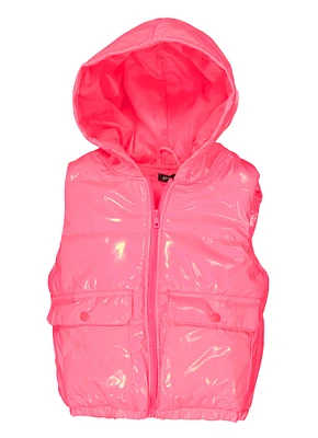 Girls Faux Patent Leather Hooded Puffer Vest, Pink,