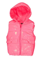 Girls Faux Patent Leather Hooded Puffer Vest, Pink,