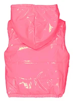 Girls Faux Patent Leather Hooded Puffer Vest, Pink,