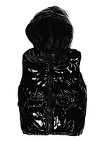 Girls Faux Patent Leather Hooded Zip Puffer Vest, Black, Size 10-12