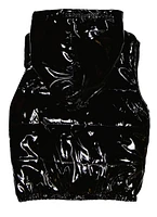 Girls Faux Patent Leather Hooded Zip Puffer Vest, Black, Size 10-12