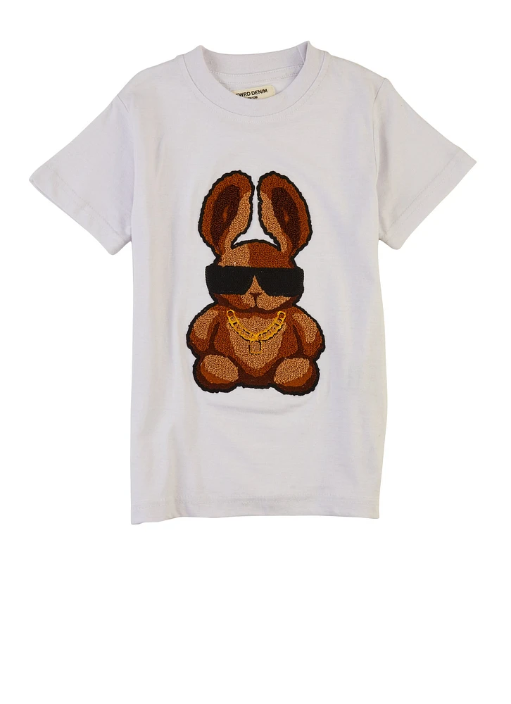 Little Boys Bunny Chenille Patch Short Sleeve Graphic Tee, White, Size 7