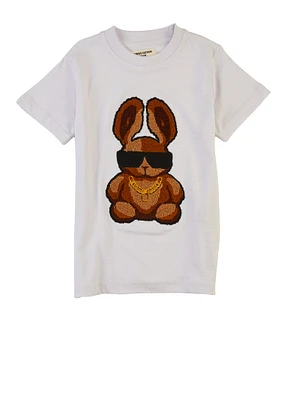 Little Boys Bunny Chenille Patch Short Sleeve Graphic Tee, White, Size 7