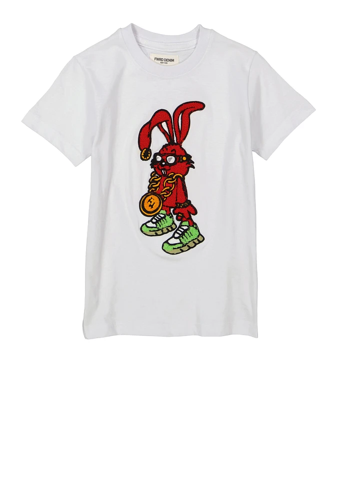 Little Boys Bunny Chenille Graphic Tee, White, Size 5