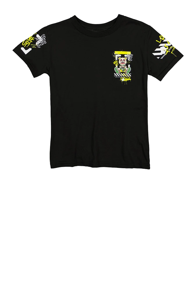 Boys Good Vibes Only Bear Graphic Top, Black, Size S