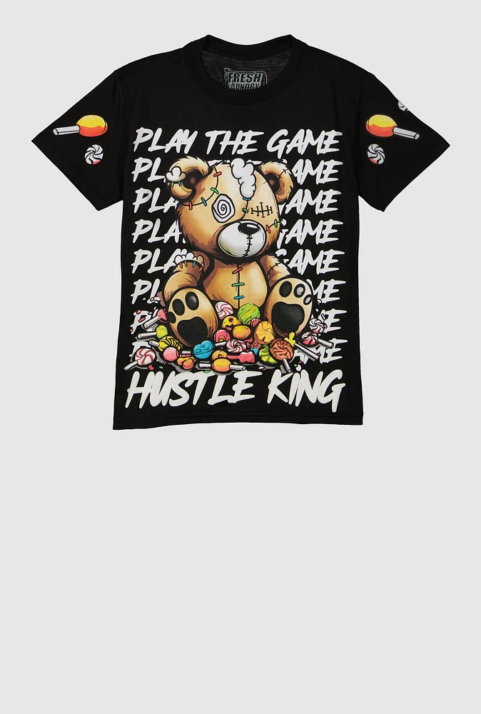 Boys Play The Game Hustle King Bear Tee, Black, Size S