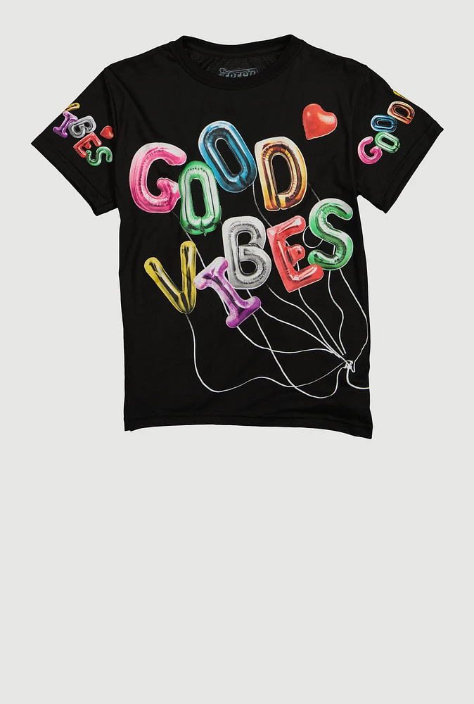 Boys Good Vibes Bear Graphic Tee, Black, Size L