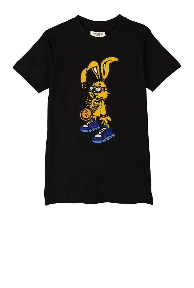 Boys Bunny Chenille Patch Graphic T Shirt, Black, Size 8