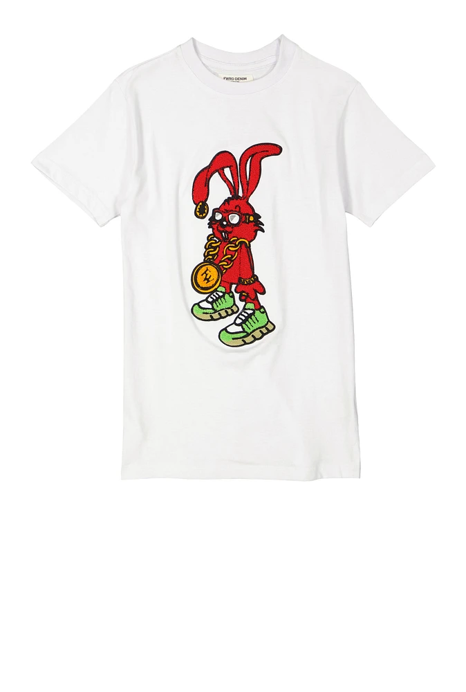 Boys Bunny Chenille Patch Graphic Tee, White, Size 10-12
