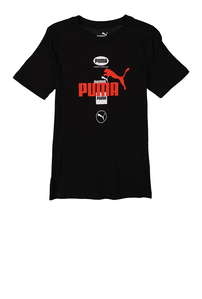 Boys Puma Logo Short Sleeve Tee, Black,