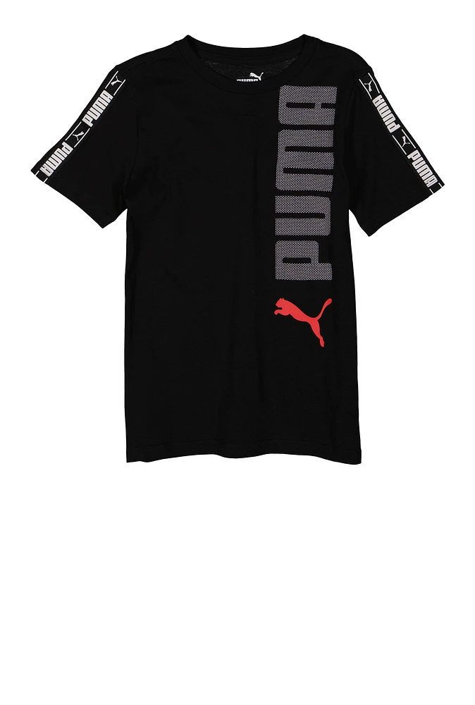 Boys Puma Graphic Trim Crew Neck T Shirt, Black, Size M