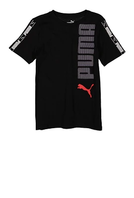 Boys Puma Graphic Trim Crew Neck T Shirt, Black, Size M