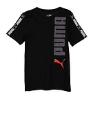 Boys Puma Graphic Trim Crew Neck T Shirt, Black, Size M
