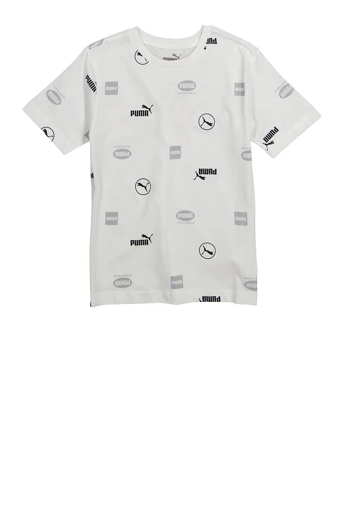 Boys Puma Printed Crew Neck T Shirt, White, Size 10-12