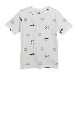 Boys Puma Printed Crew Neck T Shirt, White, Size 10-12
