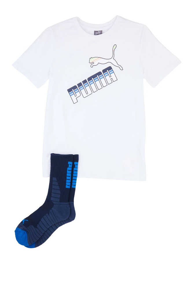 Boys Puma Logo T Shirt and Socks, White,