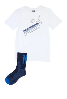 Boys Puma Logo T Shirt and Socks, White, Size L