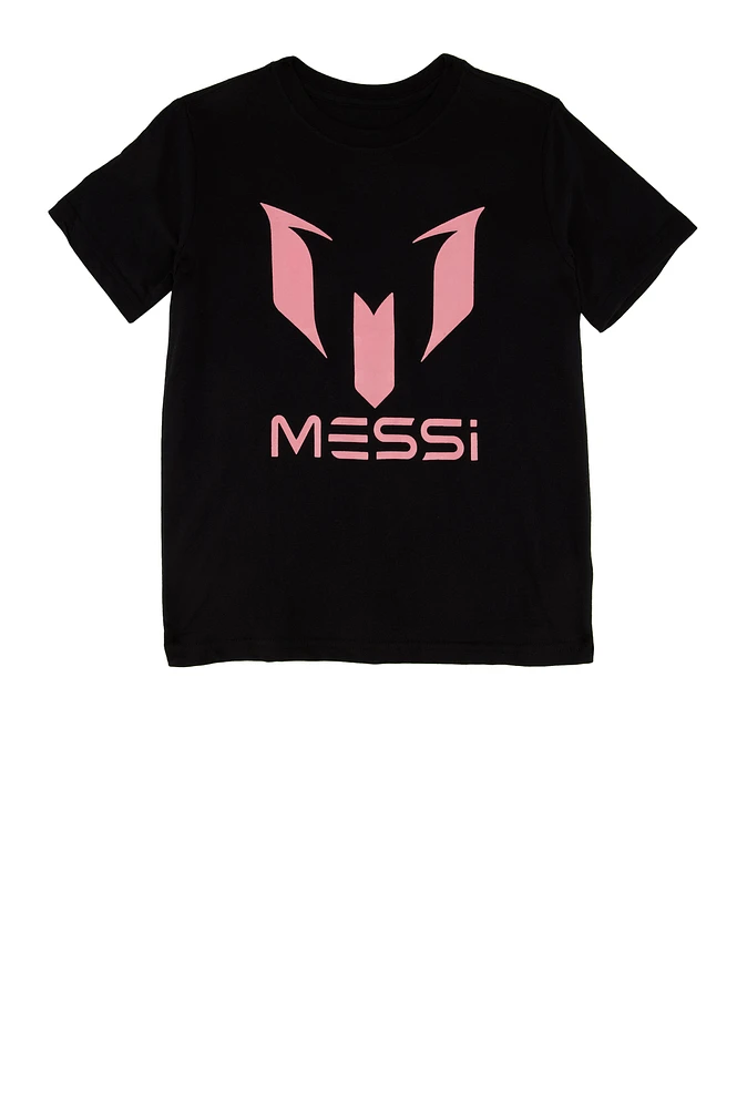 Boys Messi Logo Short Sleeve T Shirt, Black, Size 14-16