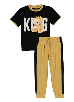 Little Boys King Graphic Tee and Fleece Joggers, Yellow, Size 4