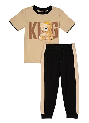 Little Boys King Graphic Tee and Fleece Joggers, Beige, Size 4