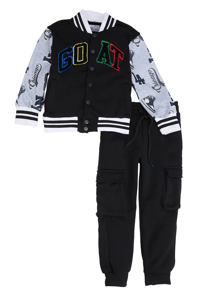 Little Boys GOAT Chenille Graphic Varsity Jacket and Joggers, Black, Size 5-6