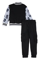 Little Boys GOAT Chenille Graphic Varsity Jacket and Joggers, Black, Size 5-6