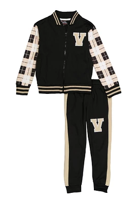 Little Boys V Initial Color Block Varsity Jacket and Joggers, 4