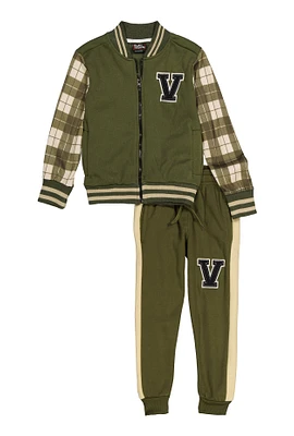 Little Boys V Initial Color Block Varsity Jacket and Joggers, Green, Size 4