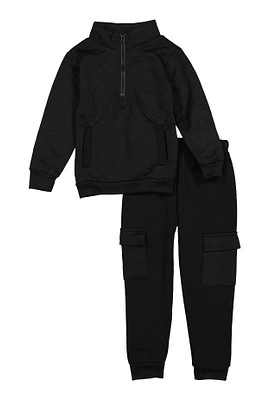 Little Boys Quilted Quarter Zip Sweatshirt and Cargo Joggers, Black, Size 5-6