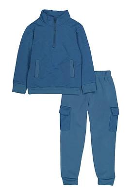 Little Boys Quilted Quarter Zip Sweatshirt and Cargo Joggers, Blue, Size 4