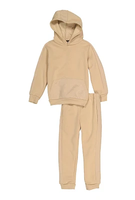 Little Boys Quilted Detail Hooded Sweatshirt and Joggers, Beige, Size 4