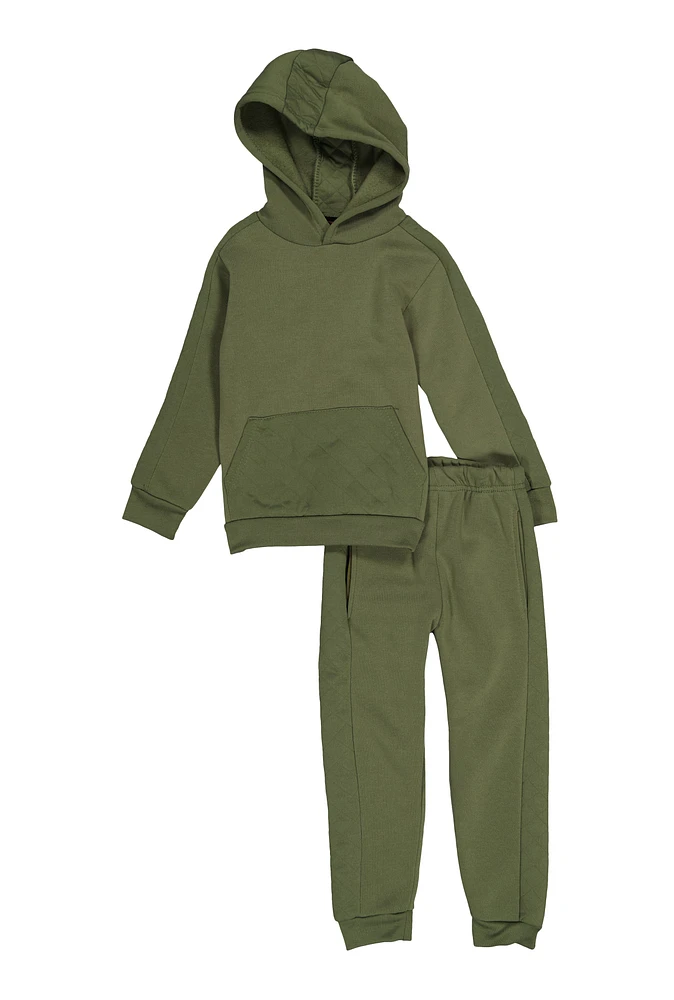 Little Boys Quilted Detail Hooded Sweatshirt and Joggers, Green, Size 4