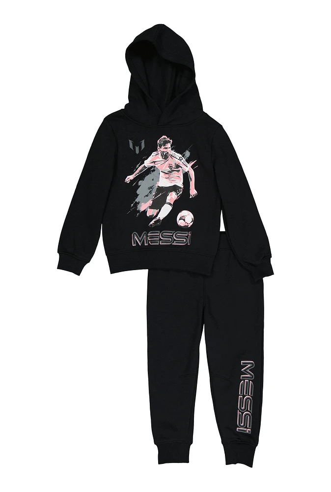 Little Fleece Boys Messi Graphic Hoodie and Joggers, Black, Size 6