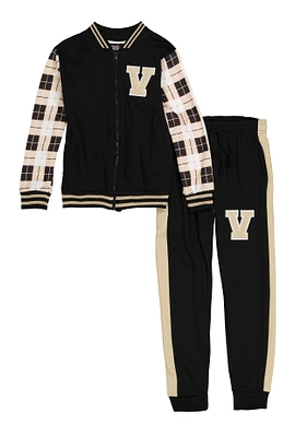 Boys V Initial Plaid Sleeve Jacket and Joggers, Black, Size 12-14