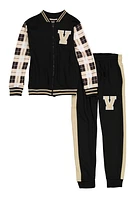 Boys V Initial Plaid Sleeve Jacket and Joggers, 16-18