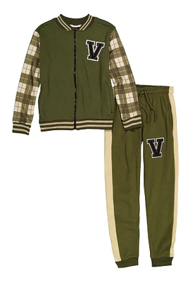 Boys V Initial Plaid Sleeve Jacket and Joggers, Green, Size 16-18