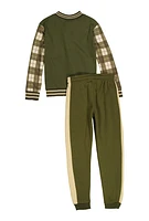 Boys V Initial Plaid Sleeve Jacket and Joggers, Green, Size 16-18