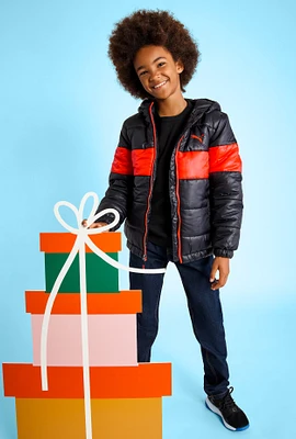 Boys Puma Stripe Detail Puffer Jacket, Black, Size 18-20