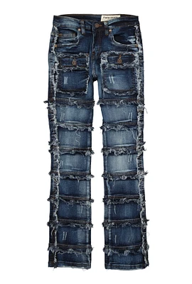 Boys Frayed Patchwork Jeans, Blue, Size 20