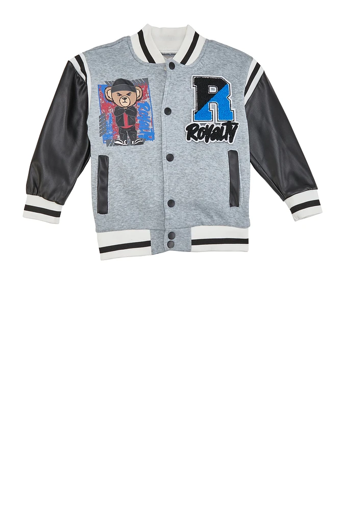 Little Boys Royalty Chenille Patch Graphic Varsity Jacket, Grey, Size 7