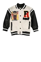 Little Boys Royalty Chenille Patch Graphic Varsity Jacket, White, Size 7