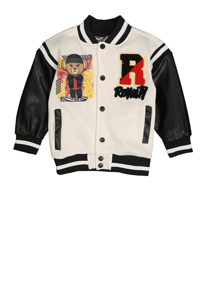 Little Boys Royalty Chenille Patch Graphic Varsity Jacket, White, Size 5-6