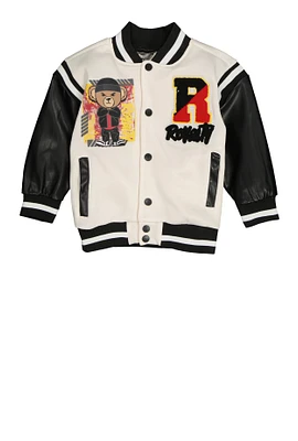 Little Boys Royalty Chenille Patch Graphic Varsity Jacket, White, Size 5-6