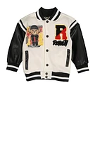 Little Boys Royalty Chenille Patch Graphic Varsity Jacket, White, Size 5-6