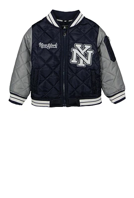 Little Boys New York Patch Quilted Jacket, Blue,